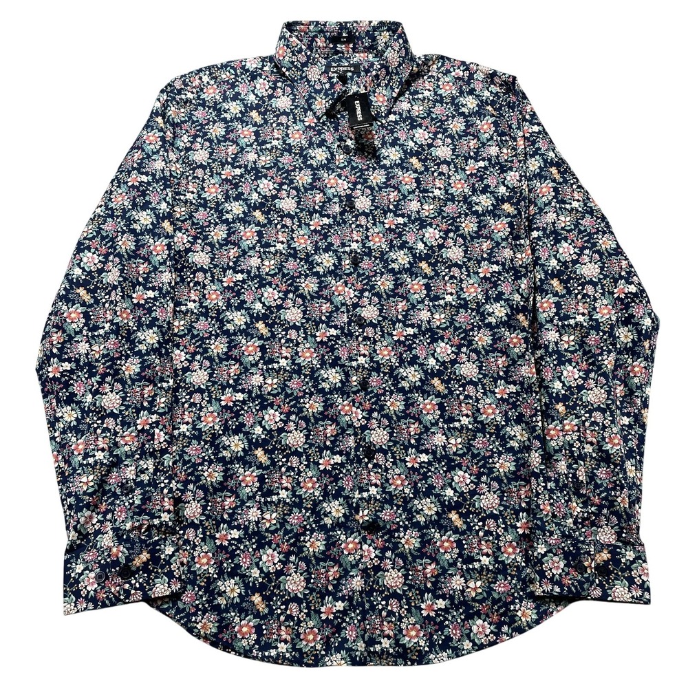 Express Shirt Mens Large Blue Floral Print Long Sleeve Slim Cotton Button Front